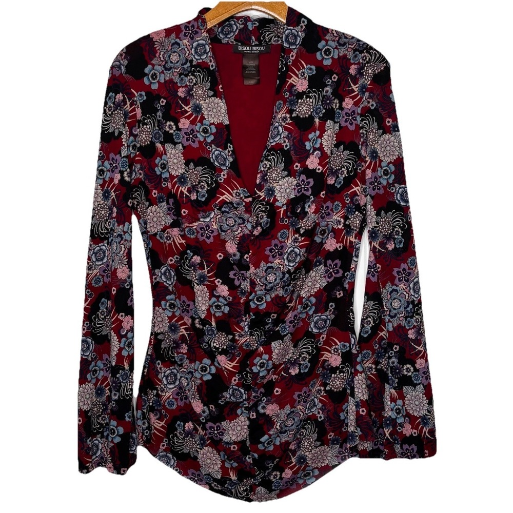 Vtg Bisou Bisou Top Baby Doll Y2K 90's Red Floral LG Ruched Front Bell Sleeve